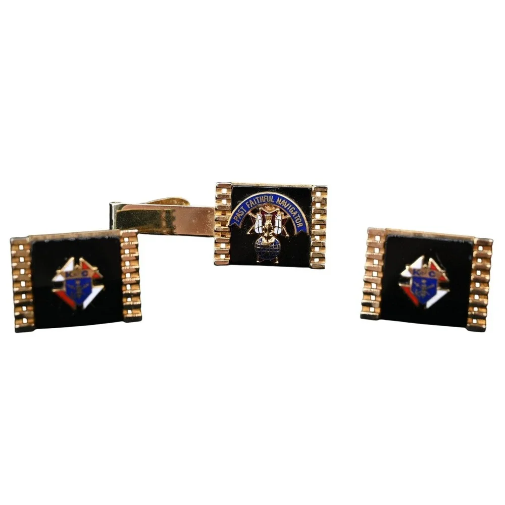 Vintage Knights of Columbus Past Faithful Navigator Cufflinks Tie Bar Set Gold